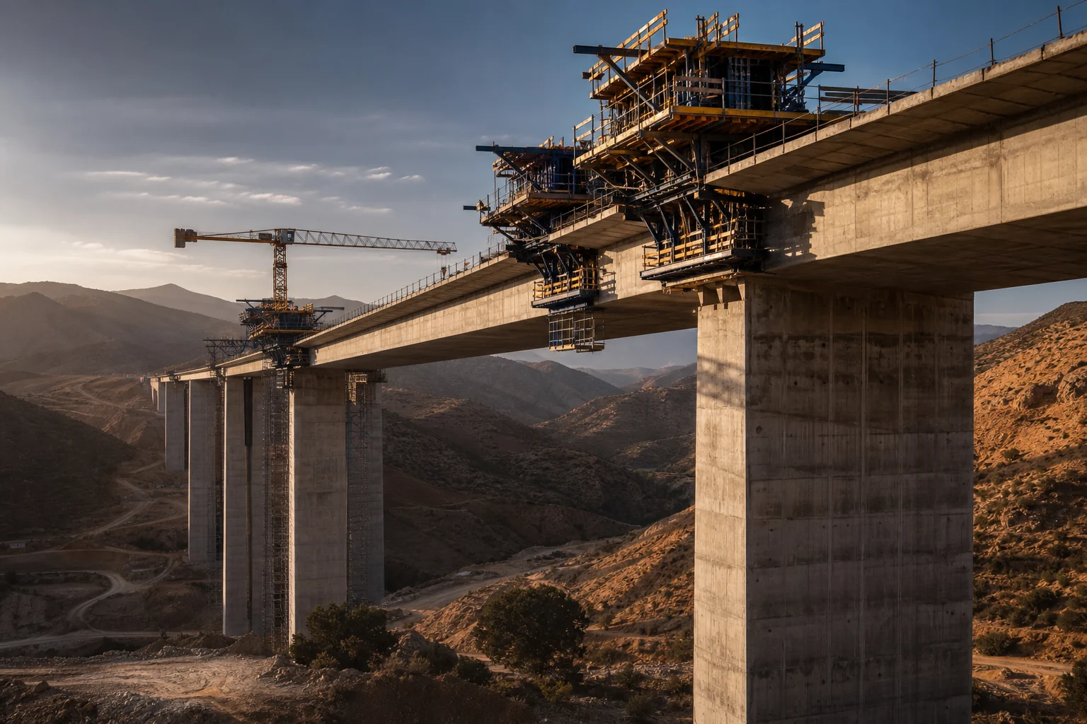 Pont en béton en cours de construction dans un paysage montagneux