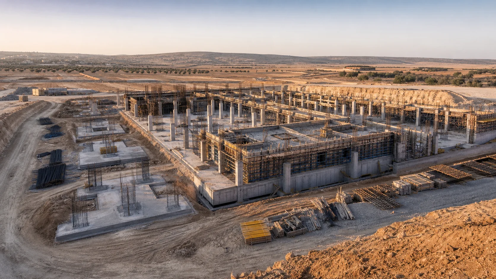 Chantier de construction d'un bâtiment en béton armé