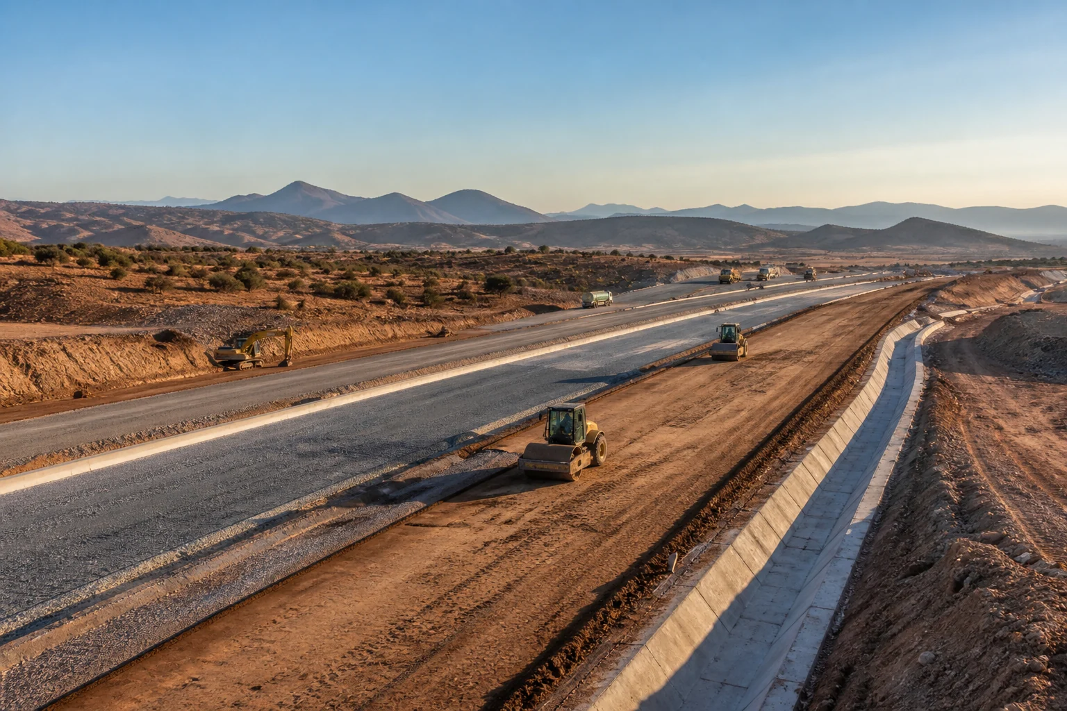 Chantier d'infrastructure routière avec terrassements et préparation de chaussée